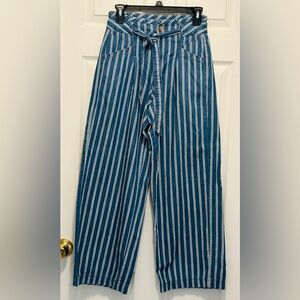 American Eagle Blue White Stripe High Rise Wide Leg Cropped Jeans Tie Belt Size0